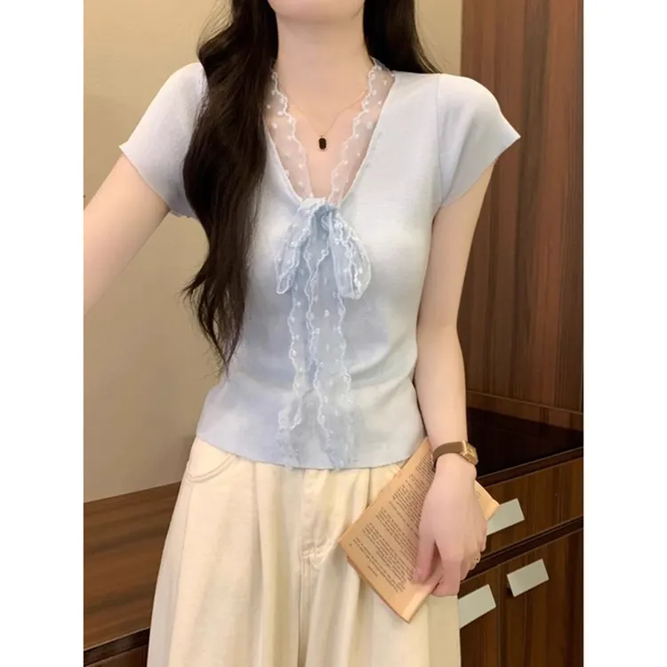 纯欲V领蕾丝拼接短袖T恤女夏季甜美百搭体恤修身小衫显瘦正肩上衣