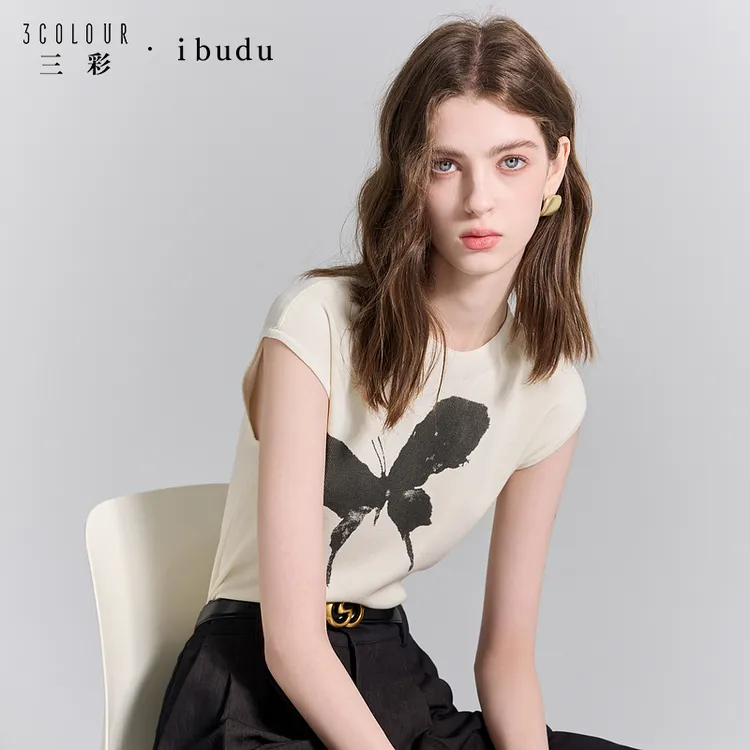 三彩ibudu2025夏季新款晕染蝴蝶印花针织衫修身无袖套头女