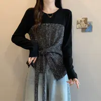 大码女装独特别致收腰绑带打底衫胖mm秋冬新款撞色修身上衣80695