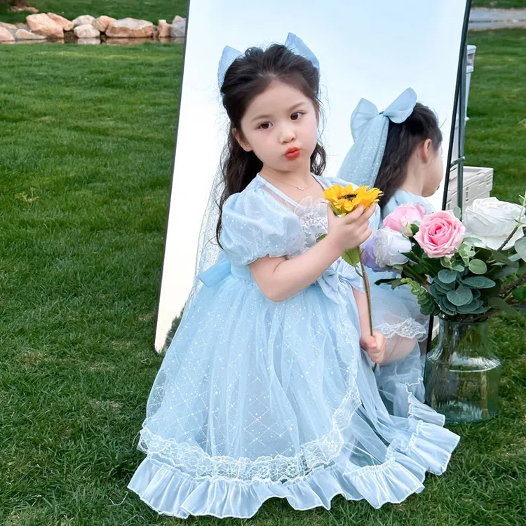 夏季女童爱莎公主裙小女孩短袖透气蓬蓬裙儿童时尚外出连衣裙童装