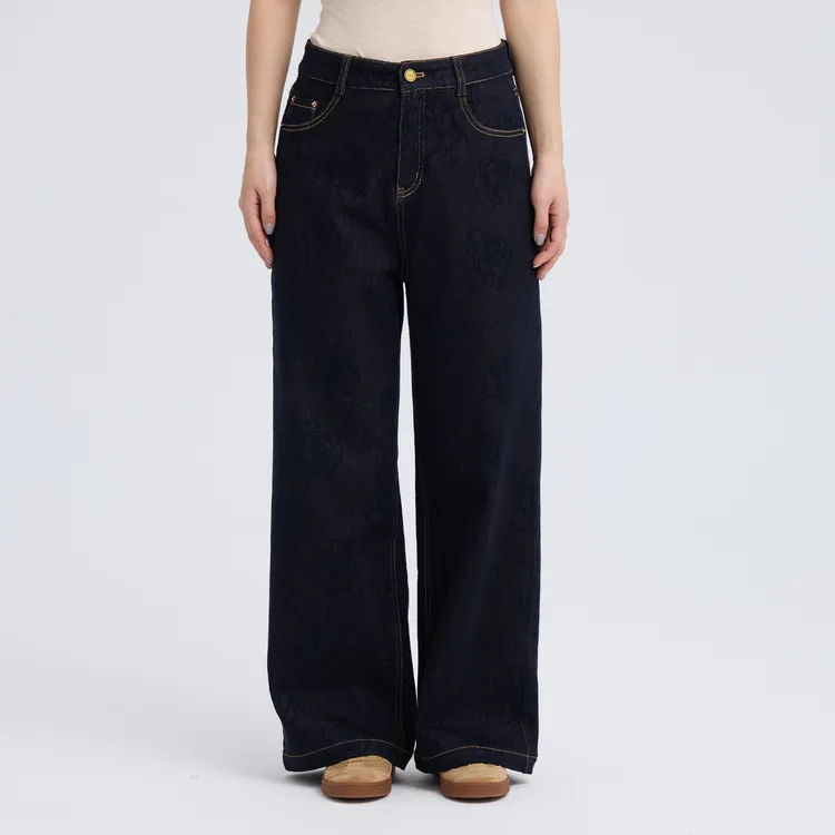 25年冬季新品复古玫瑰提花设计加绒牛仔裤阔腿裤直筒裤裤子