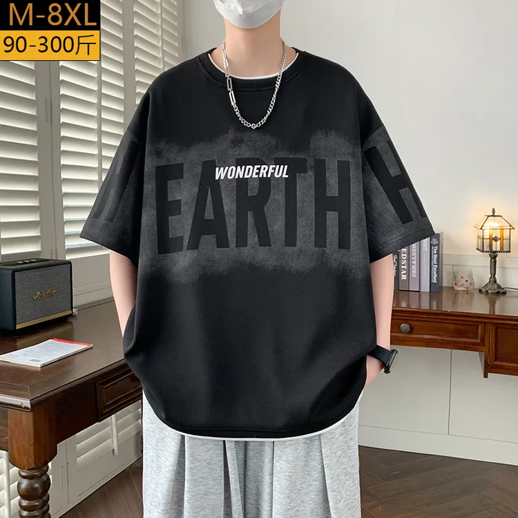 夏季大码圆领短袖男士宽松休闲薄款印花T恤学生港风胖子加肥加大