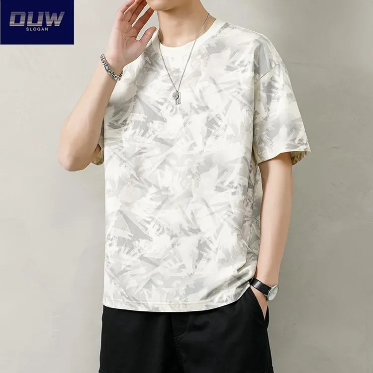 O.U.W青少年美式夏季新款潮牌打底衫男士碎花圆领宽松休闲短袖T恤