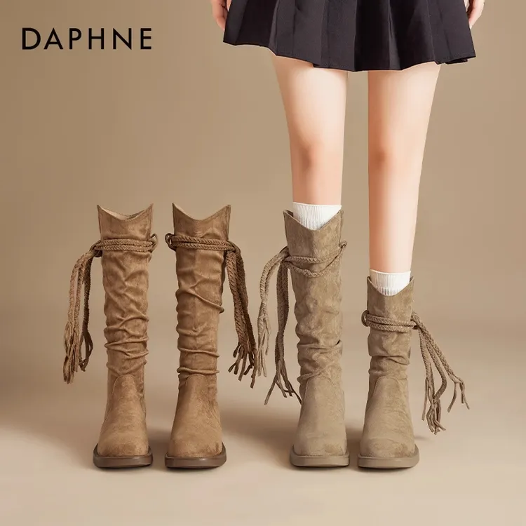 达芙妮美拉德马丁靴女2025新款秋冬西部牛仔靴爆款琥珀流光长筒靴