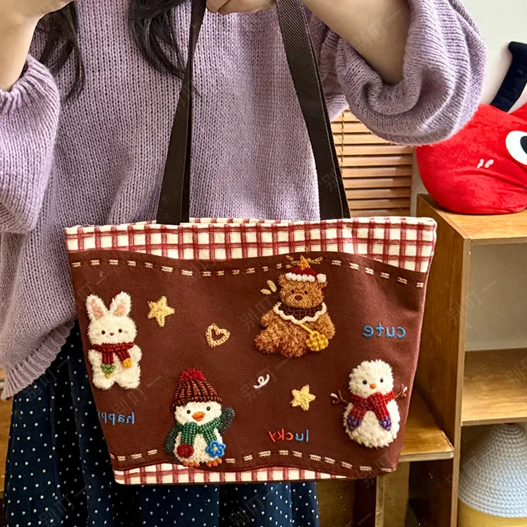 红色格子小熊帆布包妈咪包ins手提袋上课上班日系布包百搭通勤包