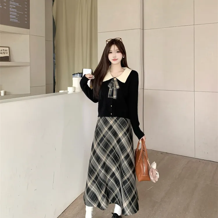 大码女装初秋穿搭高级感套装蝴蝶结毛衣胖MM显瘦高腰半身裙两件套