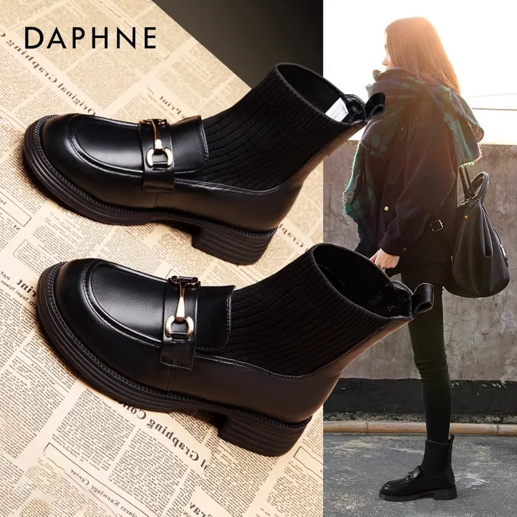 达芙妮弹力袜靴女款2025新款秋冬季短靴马丁靴加绒女靴子乐福鞋女