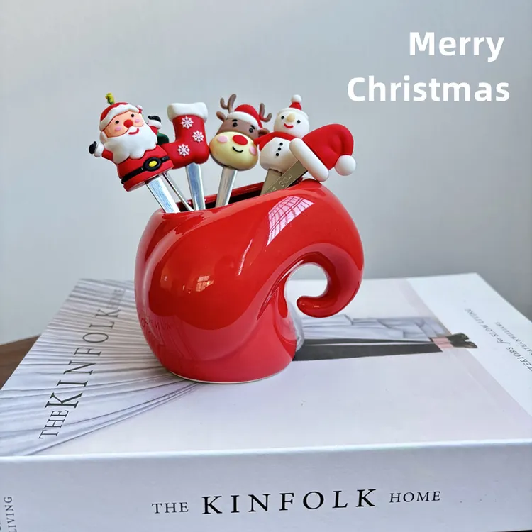 圣诞陶瓷小象水果叉套装304不锈钢甜品叉家用可爱ins风创意餐具