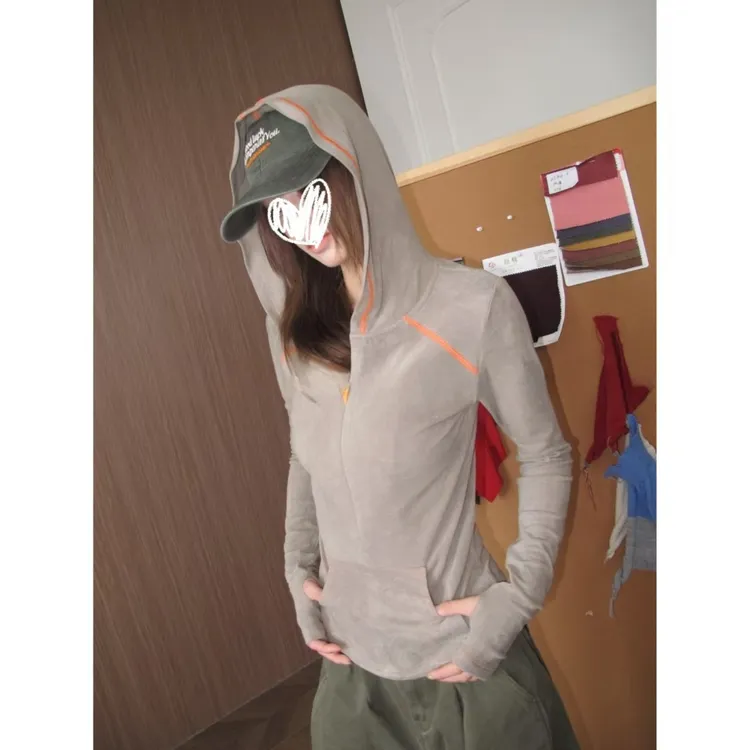 秋季新款小众设计撞色线连帽长袖上衣女Y5278