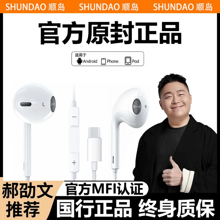 适用苹果有线耳机iphone专用16/15扁头13/14promax入耳12圆孔平板