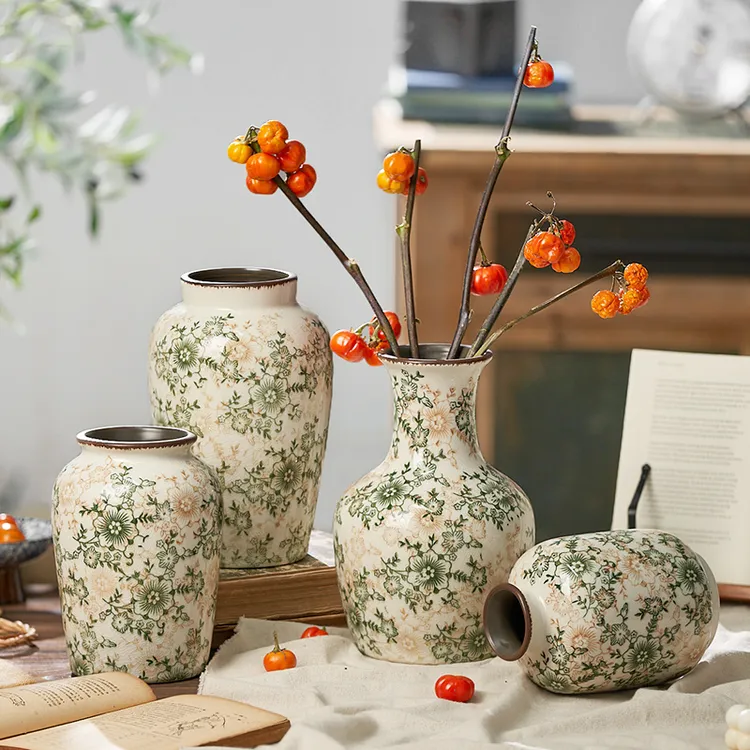 复古乡村田园风冰裂陶瓷花瓶摆件水培插花客厅餐桌装饰花器高级感
