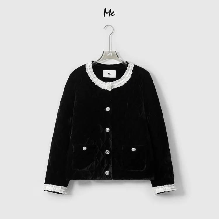 ME【黑丝绒小香棉服】黑丝绒褶皱花边时尚百搭菱格保暖棉服MESA5454
