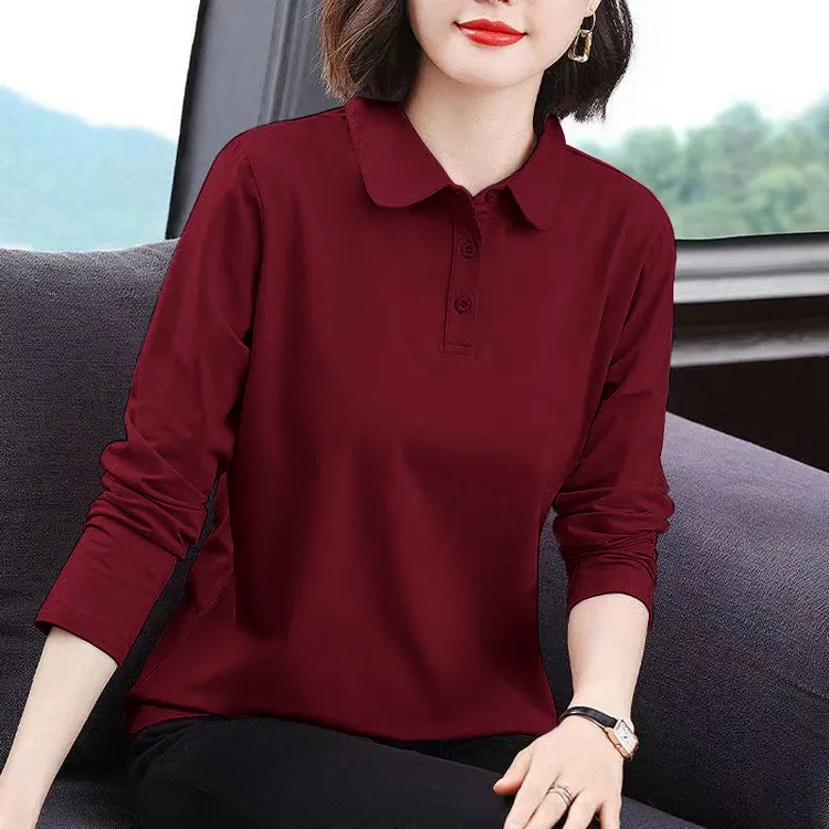 100%纯棉POLO翻领长袖打底T恤女春秋季新款休闲简约透气百搭上衣