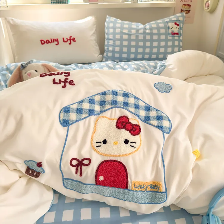 ins韩系凯蒂猫儿童卧室母婴级四件套床单被套毛巾绣三件套非纯棉