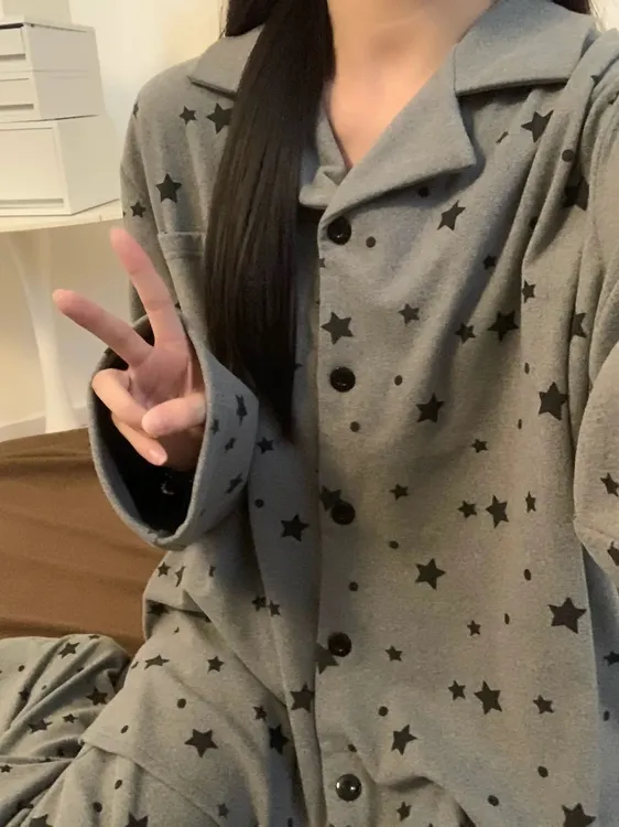 简约ins风德绒睡衣女秋冬季加厚保暖满印星星可外穿高级感家居服