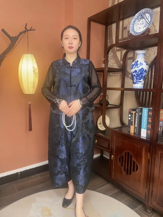 【念剡昔101】春夏裤子马甲套装提花大码显瘦2025新款宝蓝色民族风
