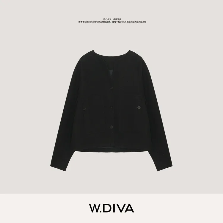 W.Diva【墨隐】秋季极简老钱圆领下摆抽绳澳洲绵羊毛外套53C242714