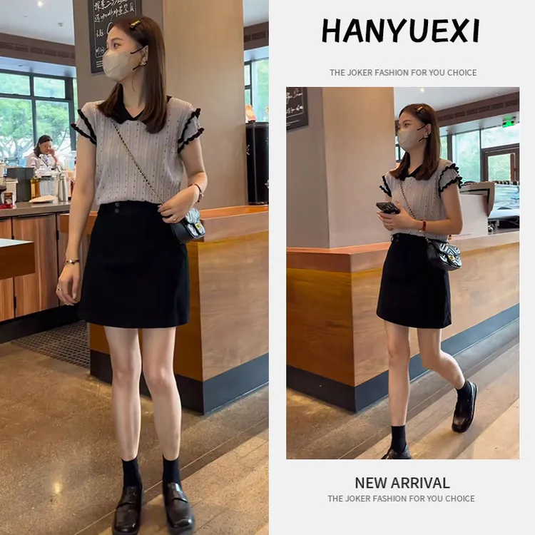 今年流行穿搭一整套2025新款花边袖子休闲减龄上衣半身短裙两件套