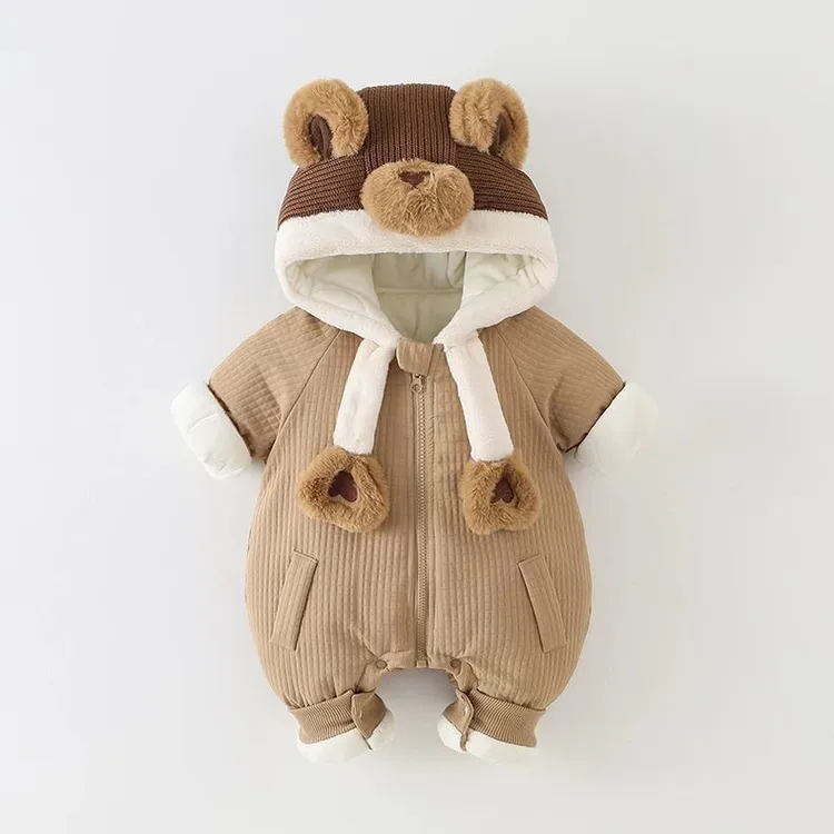 婴儿冬季外出抱衣宝宝加绒加厚夹棉连体衣外套新生儿保暖外出哈衣