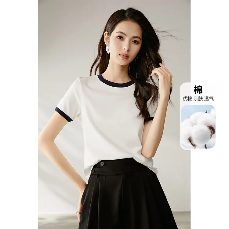 【新品】2025春夏新上衣短袖拼色圆领棉质T恤女25011406