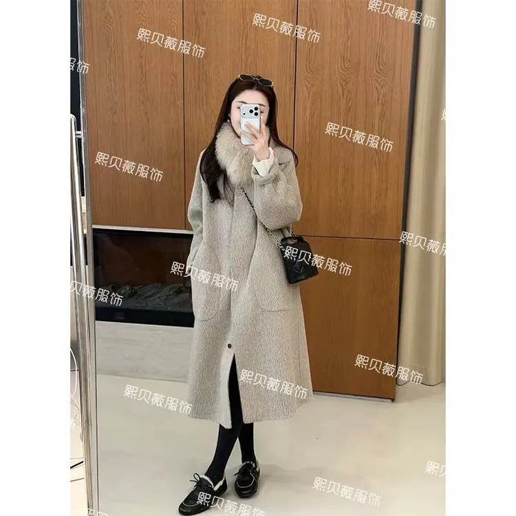 熙贝薇2 双面手缝苏丽羊毛大衣冬季小立领简约长毛毛呢大衣 G5905