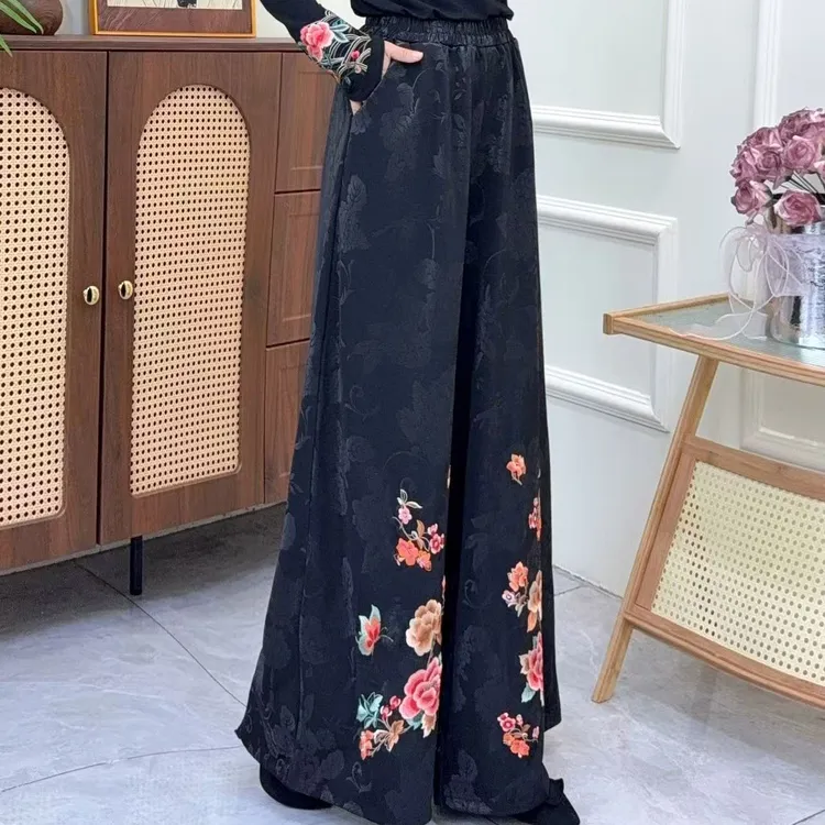 秋冬新款民族风重工刺绣锦到提花阔腿女裤