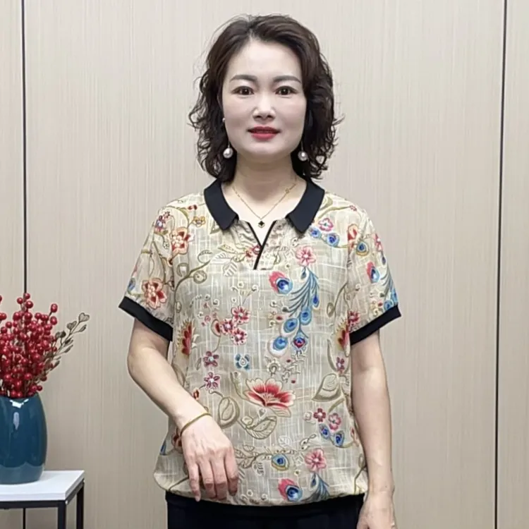 2025夏季女装减龄气质遮肚宽松短袖时尚洋气休闲中老年妈妈装