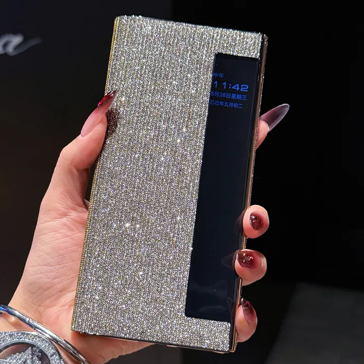 适用华为mateXT三折叠屏手机壳满天星闪粉xt典藏版翻盖皮套腕带