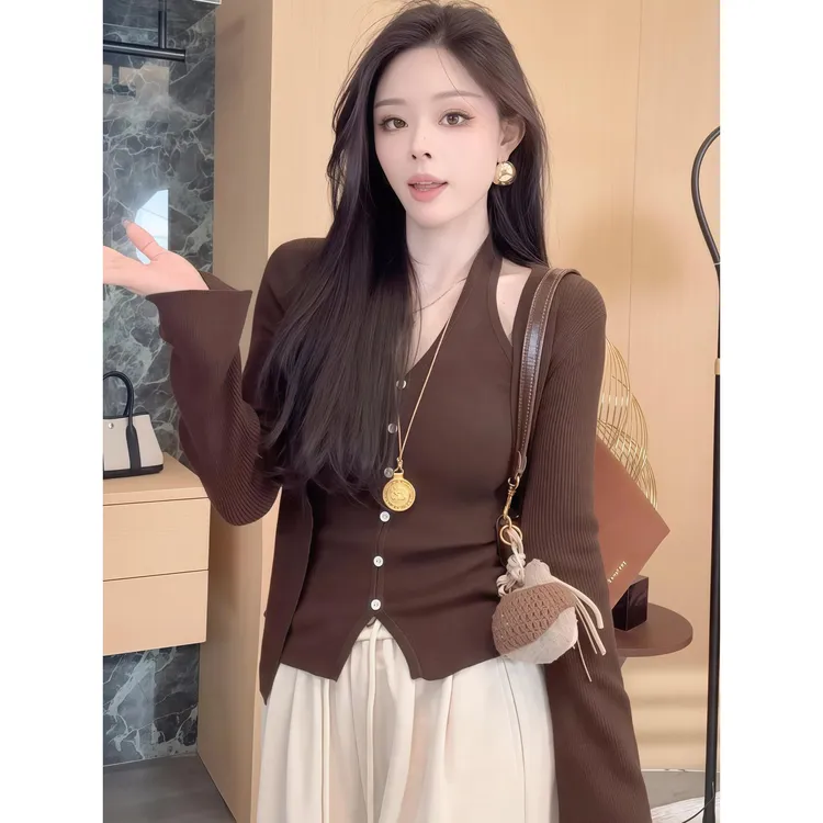 V领挂脖背心针织开衫两件套女早秋修身长袖外套套头吊带上衣套装