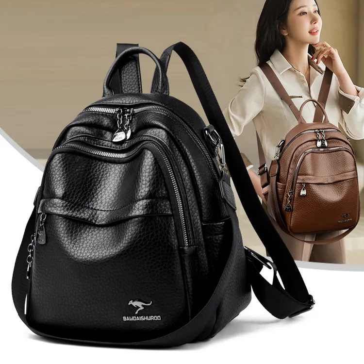 琳蒂袋鼠软皮双肩包女2026新款时尚中年妈妈包轻便旅游大容量背包