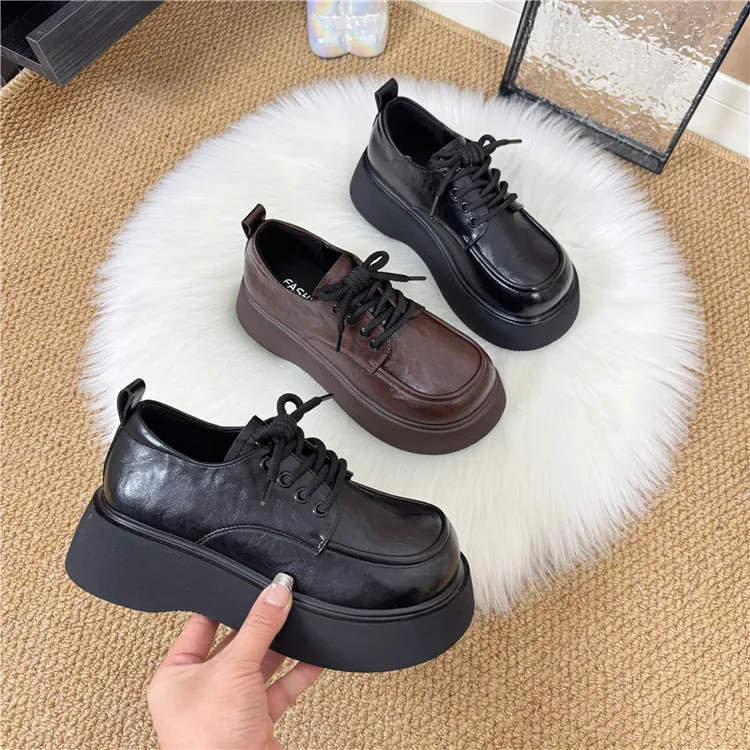 小皮鞋女英伦风2025新款春季女鞋子黑色系带厚底单鞋jk复古乐福鞋