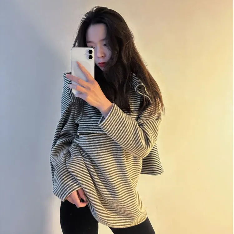 君君只有160韩系宽松百搭中长款磨毛撞色条纹内搭长袖加厚慵懒风打底衫上衣潮