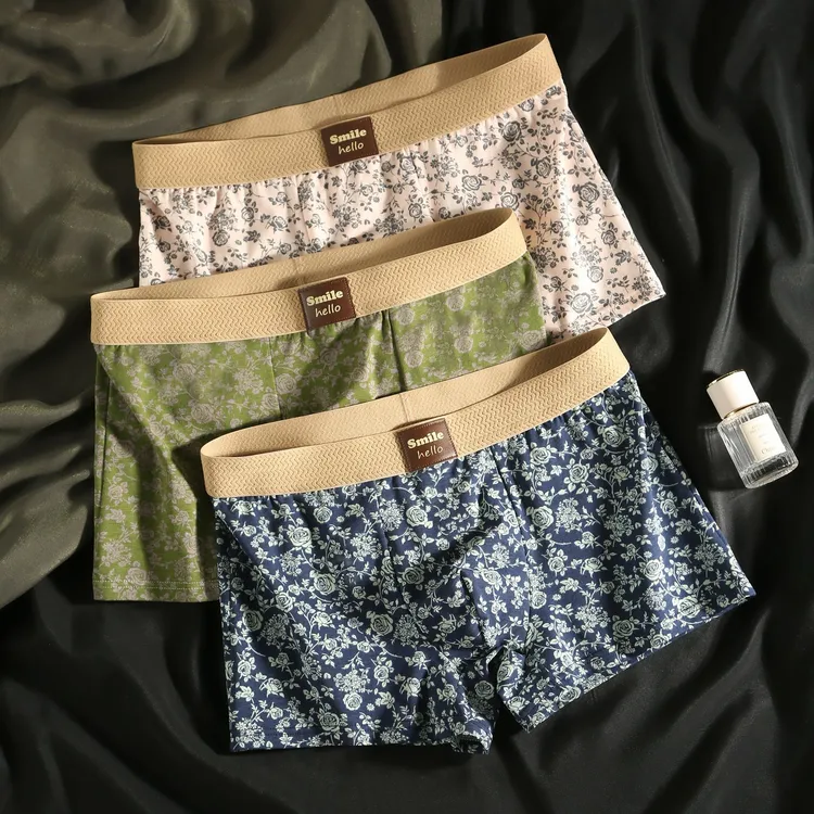 新款古典风男士内裤棉质舒适透气玫瑰四角裤青年亲肤男生平角短裤