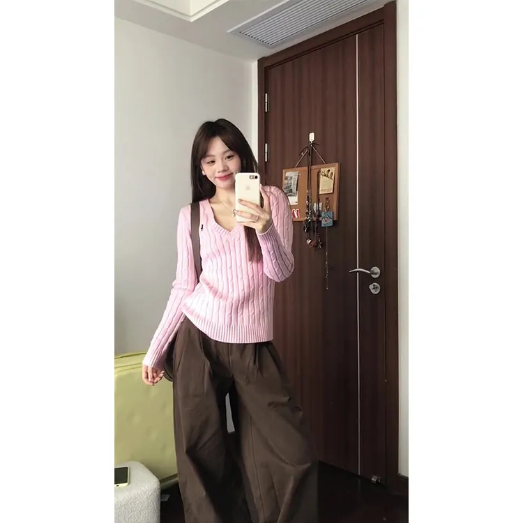 粉色V领长袖针织衫女秋2025新款修身高级感毛衣上衣潮+裤子套装