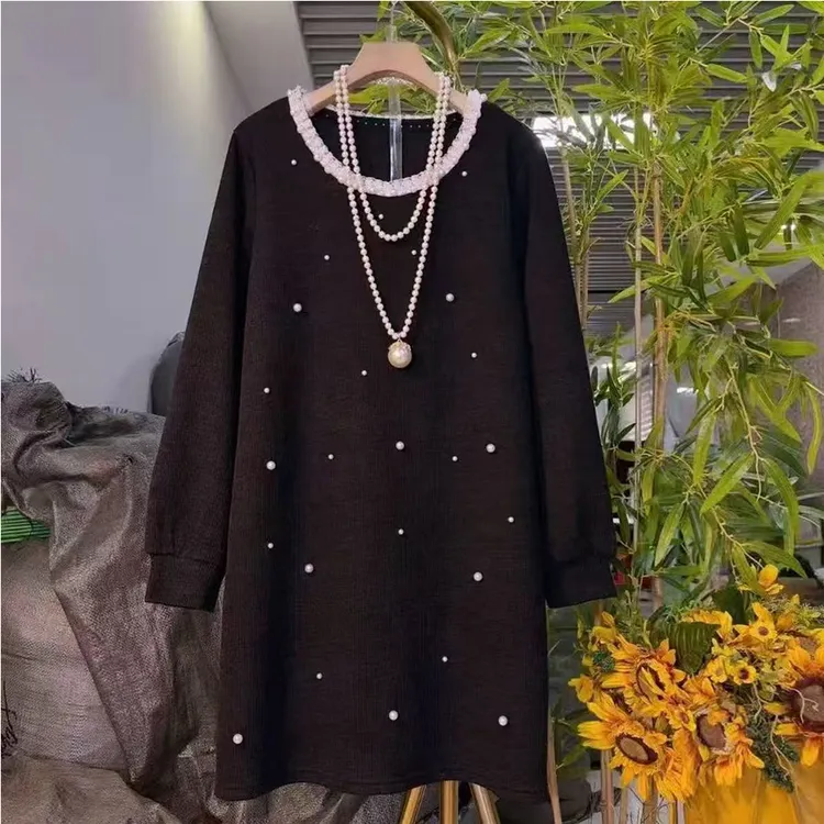 2025冬季新款时尚休闲圆领钉珠中长款宽松显瘦连衣裙上衣
