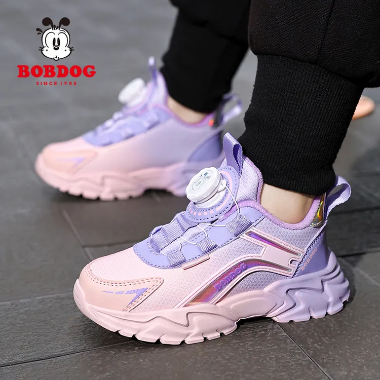 巴布豆童鞋女童秋冬新款皮面运动鞋儿童旋转纽扣中大童舒适跑步鞋