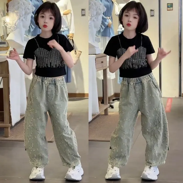 韩范夏日女童童装套装短袖女孩两件套时尚新款时髦2025破洞牛仔