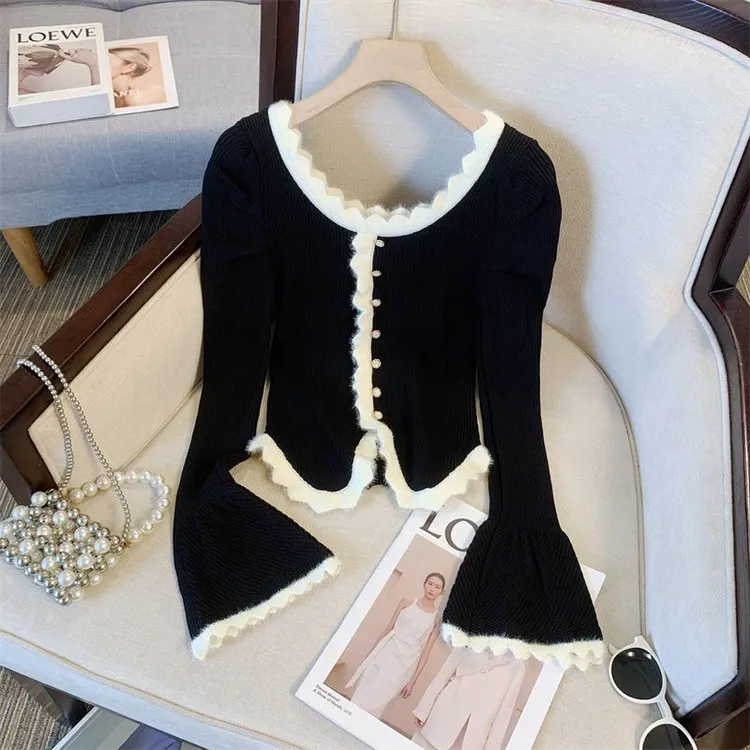 法式小香风花边拼接毛衣针织衫女春秋高级感修身显瘦气质短款上衣