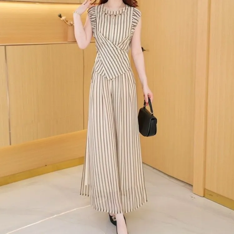 条纹设计感无袖上衣高腰阔腿裤女潮套装