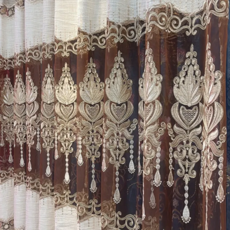 麻料咖色米色无缝拼接大镂空客厅阳台精品绣花窗帘