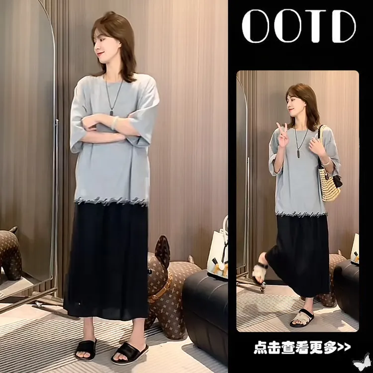 超火夏季穿搭一整套女2025新款韩版灰色刺绣T恤高腰半身裙两件套