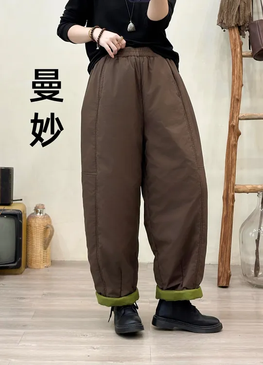 【曼妙】冬季新款加棉加厚抗寒保暖拼接休闲裤女松紧腰时尚哈伦长裤