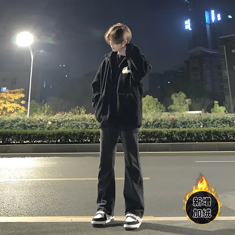 美式高街男生加绒裤子黑色修身微喇叭牛仔裤男款秋冬季宽松直筒裤