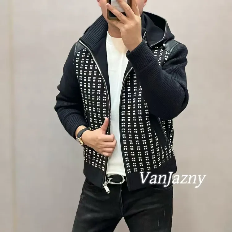 新款高端男士时尚轻奢千鸟格针织拼皮连帽夹克外套F9001