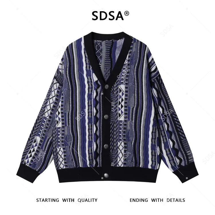 SDSA秋冬新款痞帅男装韩版撞色竖纹纽扣V领针织衫百搭开衫毛衣