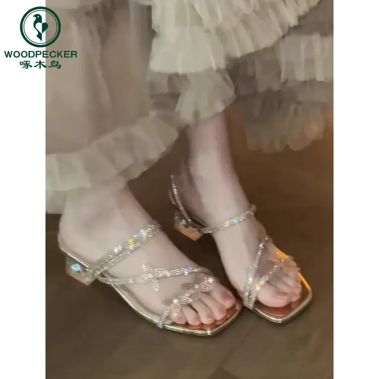 啄木鸟水钻两穿凉鞋女款2025新款夏季巨美超火仙女风高跟拖鞋外穿