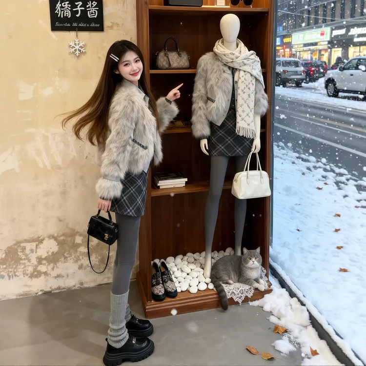 冬装搭配一整套富家千金小香风毛毛外套格纹半身裙巨好看两件套装