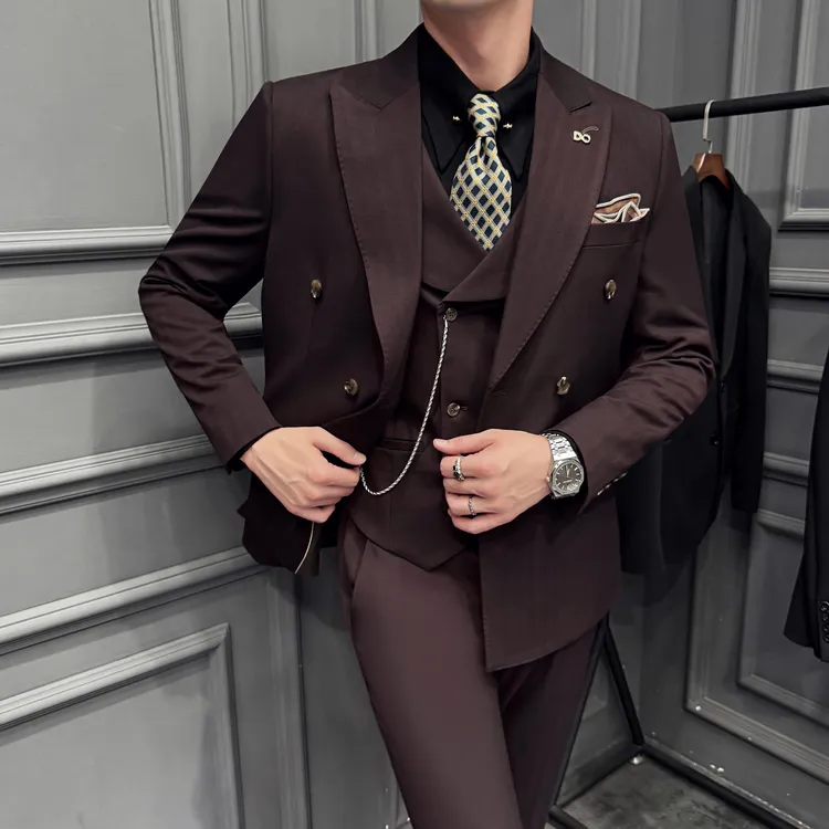 男士礼服酒红色条纹戗驳领双排扣西服套装藏青色韩版休闲西装结婚