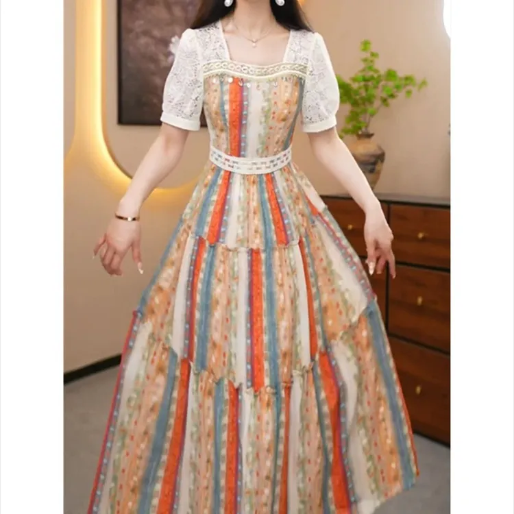 高级珍珠纱时尚洋气百搭碎花假两件礼服裙2025春夏新款显瘦连衣裙