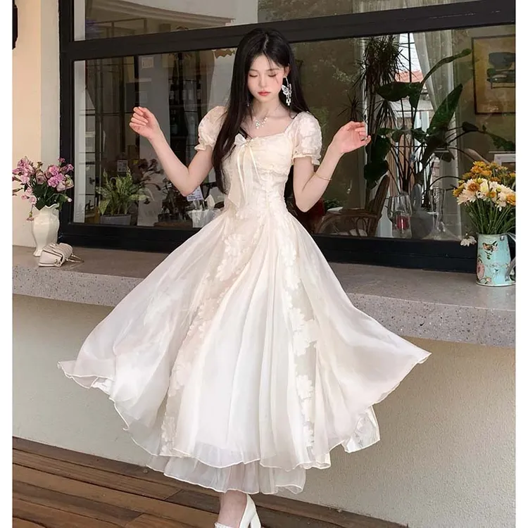 2025新款【有里布】法式复古纯欲高级感收腰拼接仙气连衣裙D2361